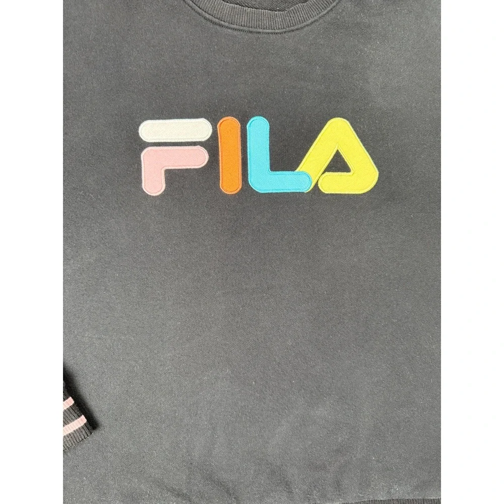 Fila Womens XXL Black Crewneck Sweatshirt Multi Color Striped Trim Pull Over